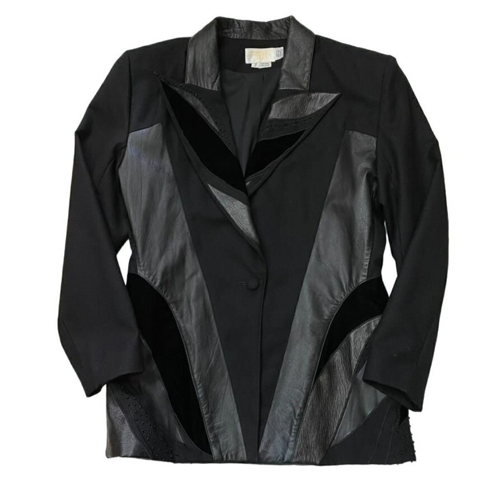 Vintage Joseph Ho Wool Blazer Leather Embellishments Beading Sz 8